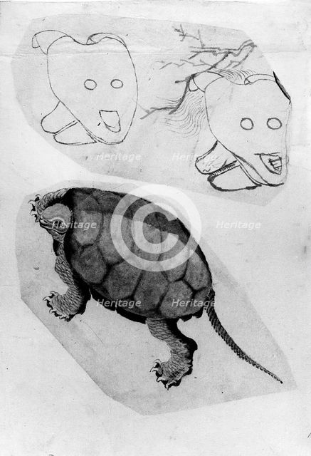 Two Sketches: One of a Turtle, the Other of Two Unidentified Objects, 18th-19th century. Creator: Hokusai.