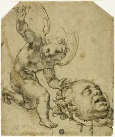 Two Sketches: Kneeling Putto Holding a Head (recto) Details of a Nude Male Child (verso), n.d. Creator: Bartolomeo Passarotti