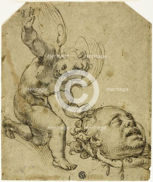 Two Sketches: Kneeling Putto Holding a Head (recto) Details of a Nude Male Child (verso), n.d. Creator: Bartolomeo Passarotti.