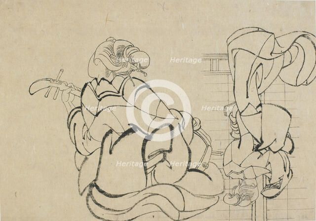 Two sketches: lady playing samisen and lady with back to observer..., late 18th-early 19th century. Creator: Hokusai.