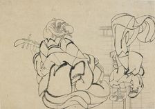 Two sketches: lady playing samisen and lady with back to observer..., late 18th-early 19th century. Creator: Hokusai