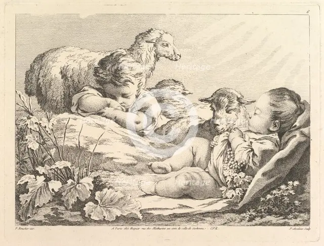 Two Sleeping Children With Three Sheep, 18th century. Creator: Pierre Alexandre Aveline.
