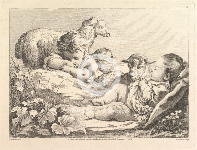 Two Sleeping Children With Three Sheep, 18th century. Creator: Pierre Alexandre Aveline.