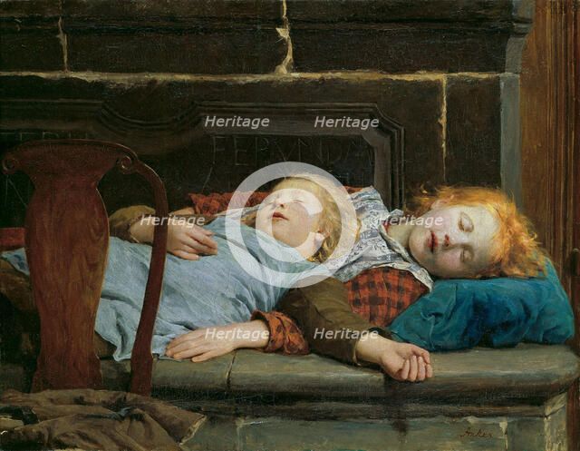 Two sleeping girls on the stove bench, 1895.