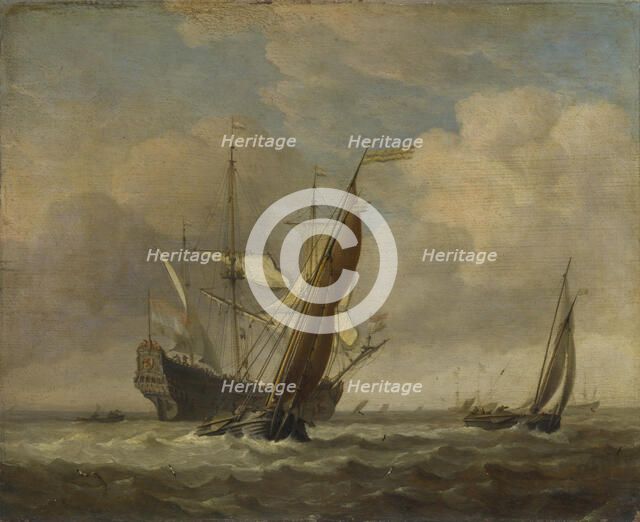 Two Small Vessels and a Dutch Man-of-War in a Breeze, c. 1660. Artist: Velde, Willem van de, the Younger (1633-1707)