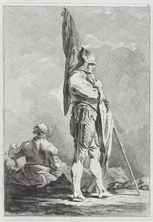 Two Soldiers, One Standing Holding a Flag, One Seated Seen from Behind, 1764. Creator: Matthias Pfenninger