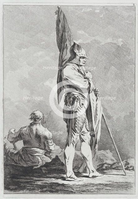 Two Soldiers, One Standing Holding a Flag, One Seated Seen from Behind, 1764. Creator: Matthias Pfenninger.