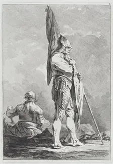 Two Soldiers, One Standing Holding a Flag, One Seated Seen from Behind, 1764. Creator: Matthias Pfenninger