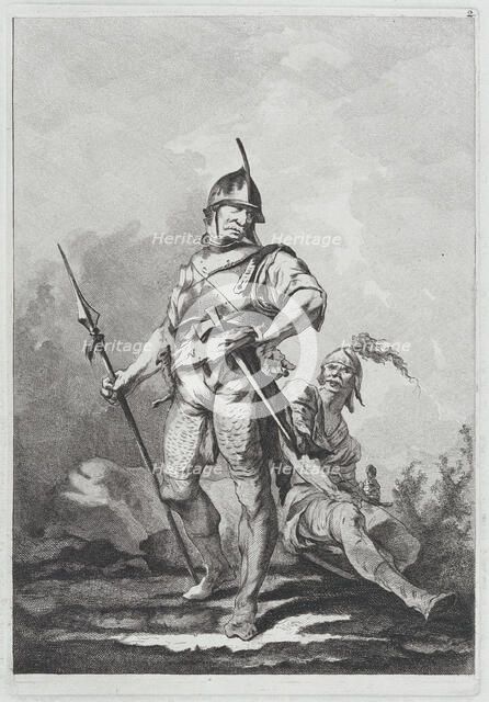 Two Soldiers, One Standing Holding a Lance, One Seated, 1764. Creator: Matthias Pfenninger.