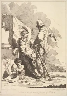 Two Soldiers and Child Holding a Helmet, July 19, 1779. Creator: Robert Blyth