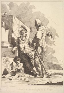 Two Soldiers and Child Holding a Helmet, July 19, 1779. Creator: Robert Blyth