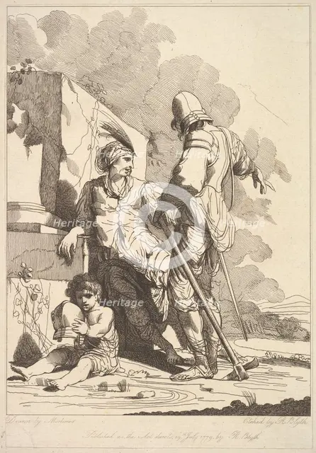 Two Soldiers and Child Holding a Helmet, July 19, 1779. Creator: Robert Blyth.