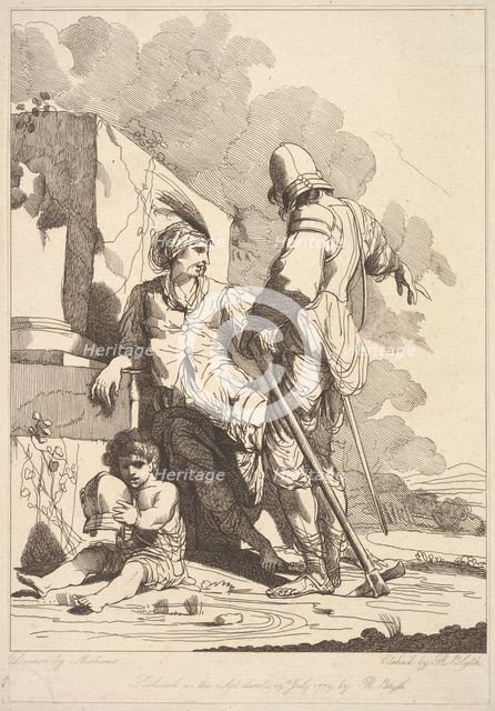 Two Soldiers and Child Holding a Helmet, July 19, 1779. Creator: Robert Blyth.