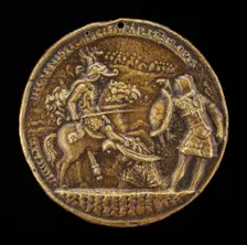 Two Soldiers Fighting with a Horseman, c. 1468. Creator: Gianfrancesco Enzola
