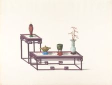 Two Tables with a Purple Finish, One with a Red Vase, the Other with Three Vases, 19th century. Creator: Anon