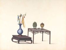 Two Tables, One Low with Large Vase and Objects, One Higher with Covered Pot..., 19th century. Creator: Anon