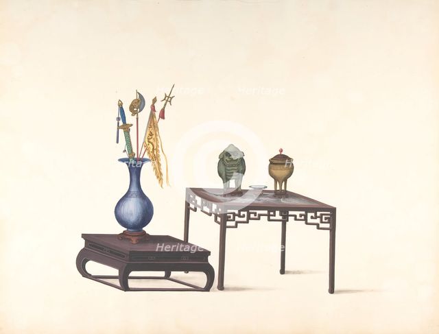 Two Tables, One Low with Large Vase and Objects, One Higher with Covered Pot..., 19th century. Creator: Anon.