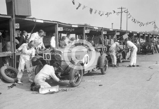 Two Talbot 105s in the pits at the JCC Double Twelve race, Brooklands, 8/9 May 1931. Artist: Bill Brunell.
