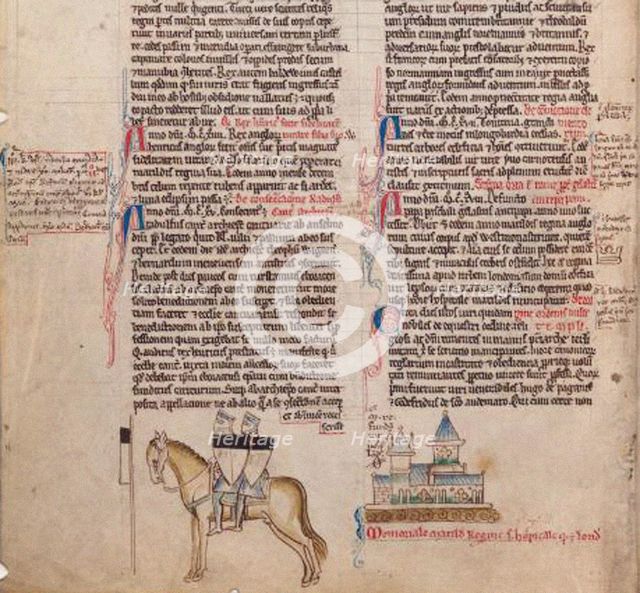 Two Templars on one horse (From Chronica maiora I by Matthew Paris), 13th century. Artist: Paris, Matthew (c. 1200-1259)