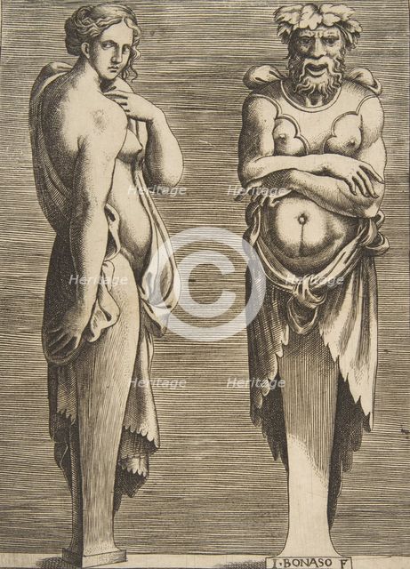 Two Terms, a Nymph at left Silvanus at right, ca. 1530-50. Creator: Giulio Bonasone.