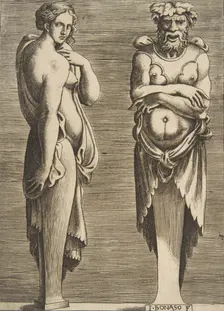 Two Terms, a Nymph at left Silvanus at right, ca. 1530-50. Creator: Giulio Bonasone