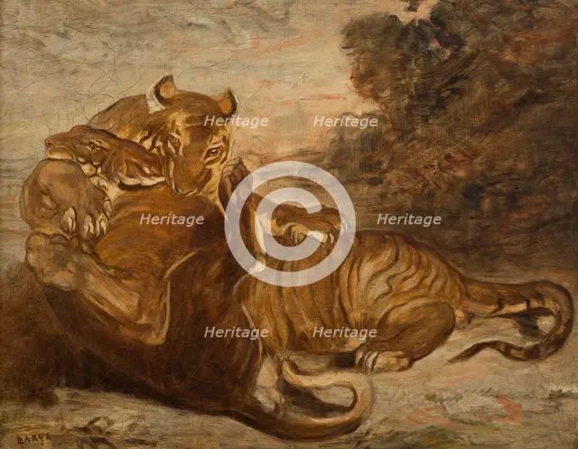 Two Tigers at Play, early-mid 19th century. Creator: Antoine-Louis Barye.