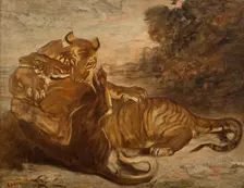 Two Tigers at Play, early-mid 19th century. Creator: Antoine-Louis Barye