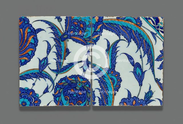 Two Tiles with Continuous Floral Pattern, Ottoman dynasty (1299-1923), c.1560. Creator: Unknown.