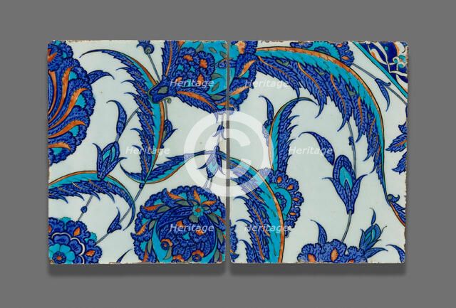 Two Tiles with Continuous Floral Pattern, Ottoman dynasty (1299-1923), c.1560. Creator: Unknown.