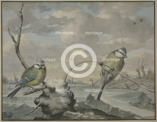 Two tits in the winter, 1775. Creator: Gijsbertus Haasbroek.