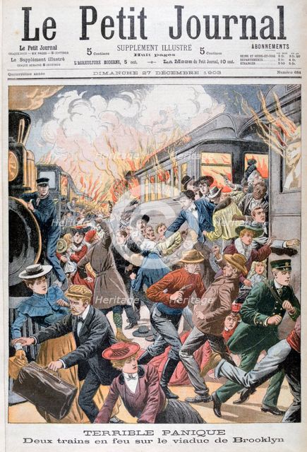 Two trains on fire on the Brooklyn Bridge, 1903. Artist: Unknown