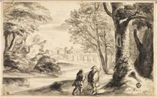 Two Travelers under Tree with Village and Bridge in Distance, 1707. Creator: Unknown