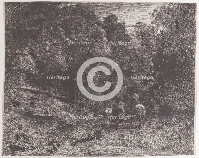 Two Travelers in a Forest (Le Cavalier en forêt et le piéton), 1854. Creator: Jean-Baptiste-Camille Corot.