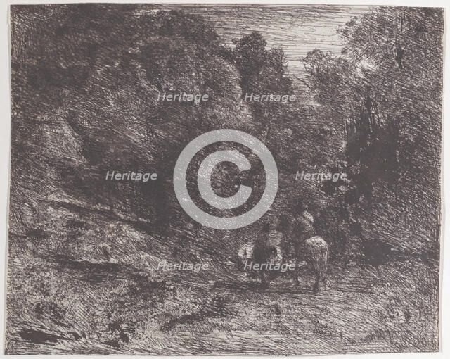 Two Travelers in a Forest (Le Cavalier en forêt et le piéton), 1854. Creator: Jean-Baptiste-Camille Corot.