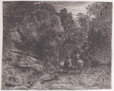 Two Travelers in a Forest (Le Cavalier en forêt et le piéton), 1854. Creator: Jean-Baptiste-Camille Corot