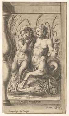 Two tritons embracing, one playing a panpipe, the second holding a conch shell set within ..., 1579. Creator: Cherubino Alberti