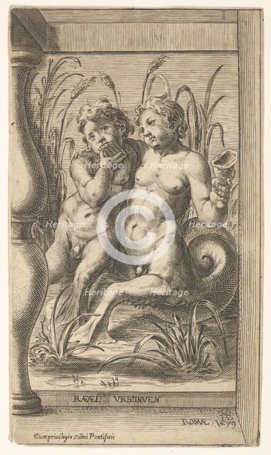Two tritons embracing, one playing a panpipe, the second holding a conch shell set within ..., 1579. Creator: Cherubino Alberti.