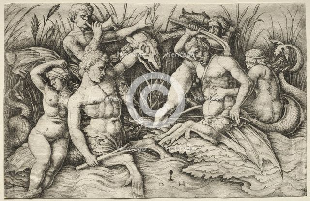 Two Tritons fighting - Battle of the Sea Gods (right portion). Creator: Daniel I Hopfer (German, c. 1470-1536).