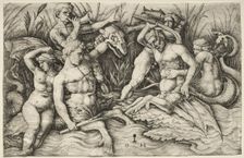 Two Tritons fighting - Battle of the Sea Gods (right portion). Creator: Daniel I Hopfer (German, c. 1470-1536)