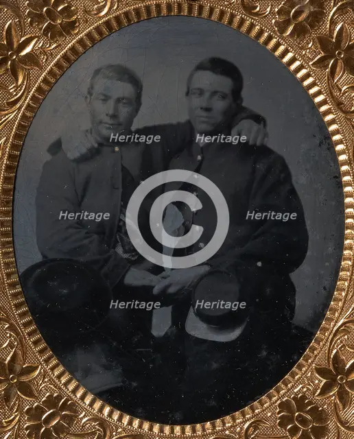 Two Union Soldiers Holding Hands, Arms Around Each Other's Shoulders, 1860s. Creator: Unknown.