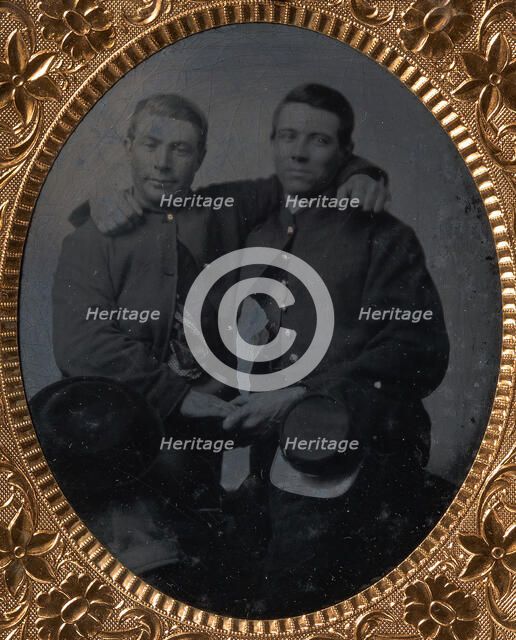 Two Union Soldiers Holding Hands, Arms Around Each Other's Shoulders, 1860s. Creator: Unknown.