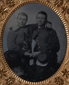Two Union Soldiers Holding Hands, Arms Around Each Other's Shoulders, 1860s. Creator: Unknown