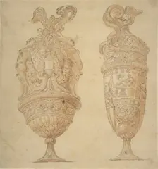 Two Urns Decorated with Human Figures, Animals and Garlands., n.d.. Creator: Unknown