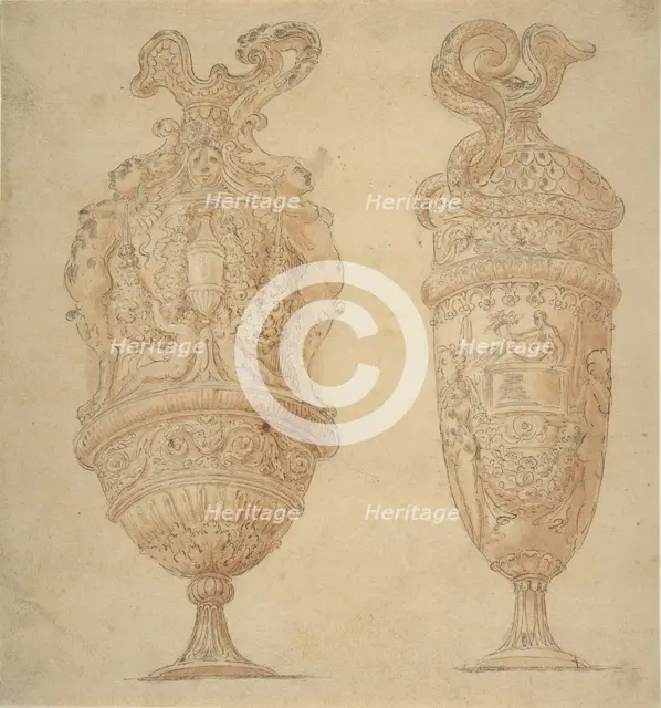 Two Urns Decorated with Human Figures, Animals and Garlands., n.d.. Creator: Unknown.