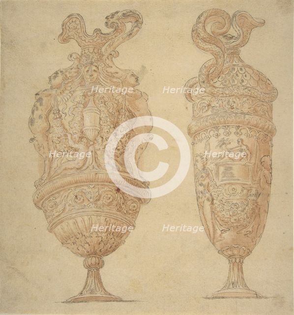 Two Urns Decorated with Human Figures, Animals and Garlands., n.d.. Creator: Unknown.