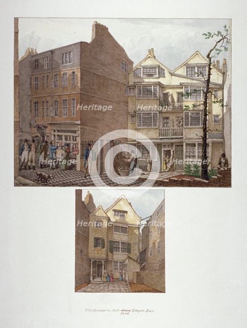 Two views of 17th century houses in Little Bell Alley, City of London, 1818. Artist: Robert Blemmell Schnebbelie