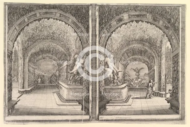 Two views of a grotto, both views with a fountain with a seated statue, seen from the ..., ca. 1653. Creator: Stefano della Bella.