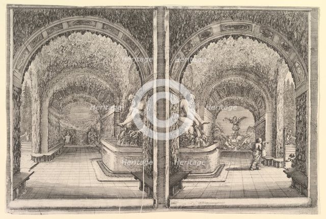 Two views of a grotto, both views with a fountain with a seated statue, seen from the ..., ca. 1653. Creator: Stefano della Bella.