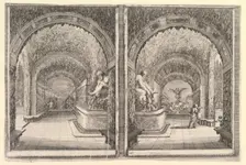 Two views of a grotto, both views with a fountain with a seated statue, seen from the ..., ca. 1653. Creator: Stefano della Bella