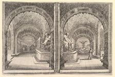 Two views of a grotto, both views with a fountain with a seated statue, seen from the ..., ca. 1653. Creator: Stefano della Bella